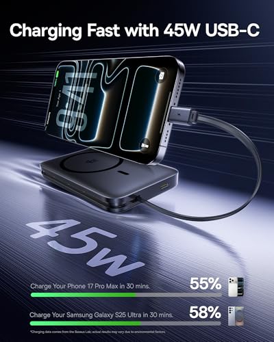 Image of Baseus Picogo Qi2.2 25W Magsafe Portable Charger Power Bank 10000mAh 45W, with Built-in Cable USB-C Fast Charging Magnetic Battery Pack for iPhone 17 /16 /15 /14 /13 /12 Pro Max /Pixel 10 Pro, Black