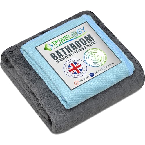 Towelogy® Microfibre Bathroom Cleaning Cloths 2 Pack Super Absorbent Streak Free Shower Glass Cleaner Kit (Grey/Aqua)