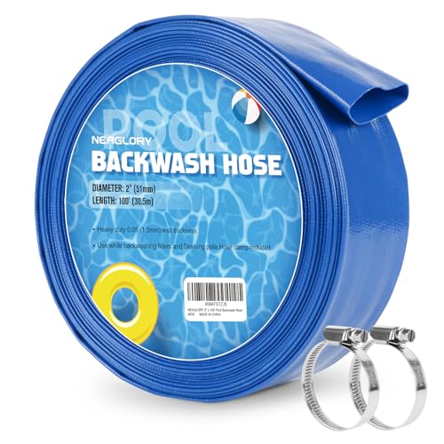 NEAGLORY 2 x 100 FT Pool Backwash Hose Heavy Duty Flat Discharge Hose Reinforced Discharge Hose with Clamp Weather and Burst Resistant Drain Clean Swimming Pools and Filters for Inground Pools