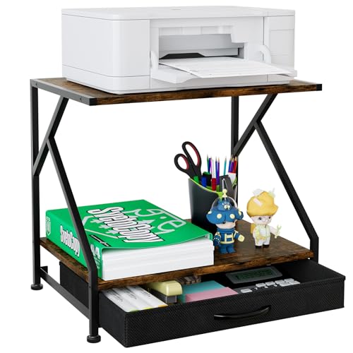 EasyPAG Support Imprimante 2 Niveaux Métal Bois, Organisateur Bureau, Étagère Rangement, Meuble d'Imprimante avec Tiroir pour Maison et Bureau, Marron