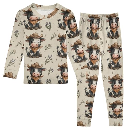 Pajama Sets Long Sleeve Cow Wearing Cowboy Hat Pattern Soft Comfy Sleepwear 2 Piece PJS 3-8T