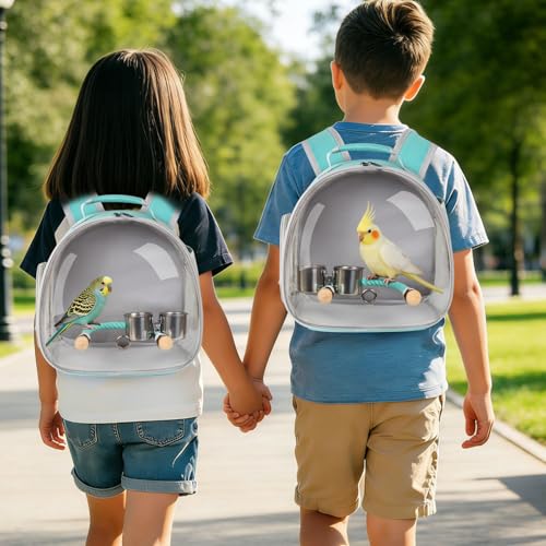 Image of Small Bird Travel Backpack Carrier Cage, Backpack to Transport Backpack Carrier with Clamp Cups Stand Perch for Parakeet Cockatiel Budgies Vet Carry Book Bag Green