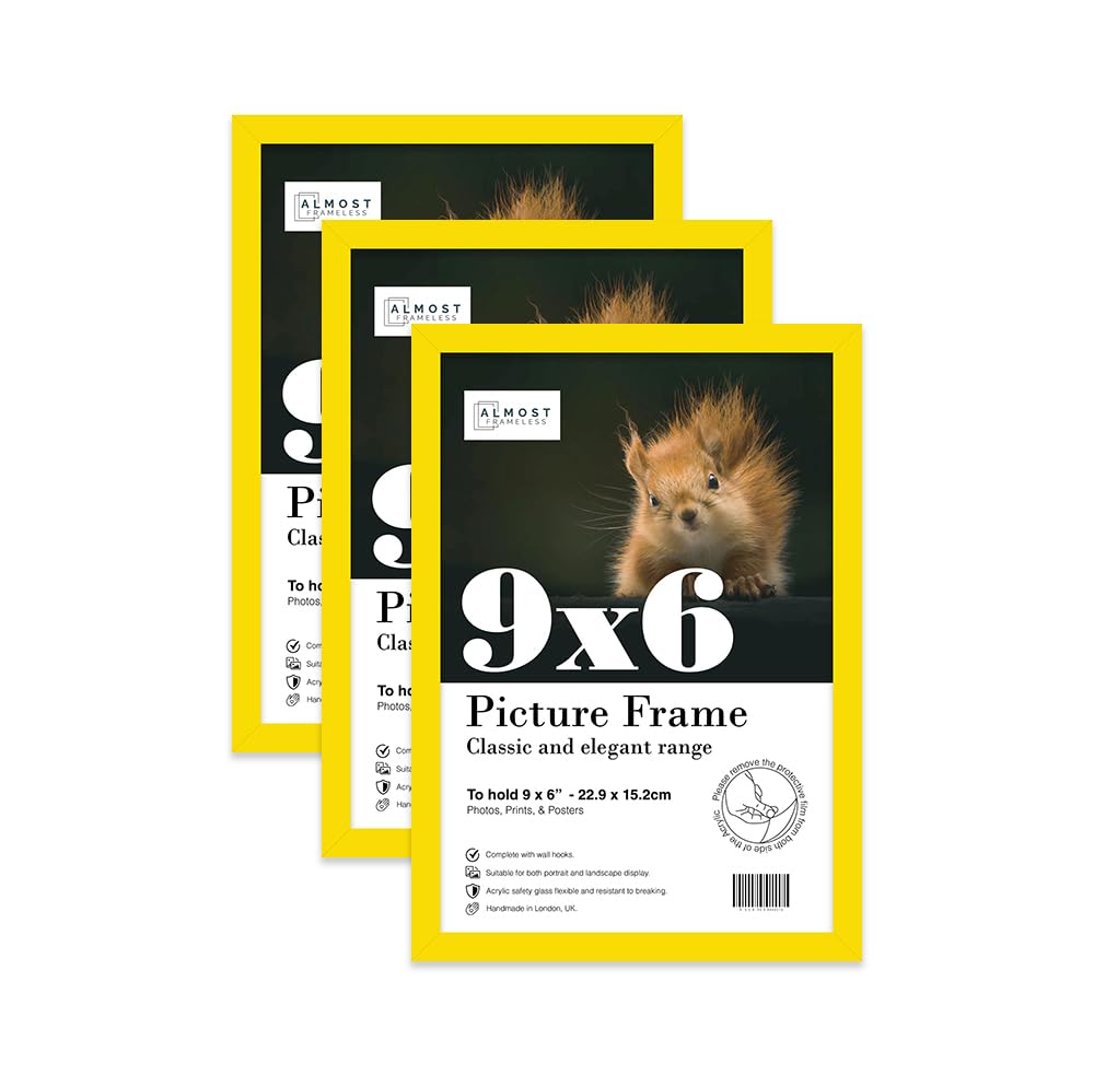 Almost Frameless 9x6 Yellow Picture Frame Set of 3, Display 9x6 Picture Gallery Wall, Poster, Photo, Artwork, or Print, Yellow