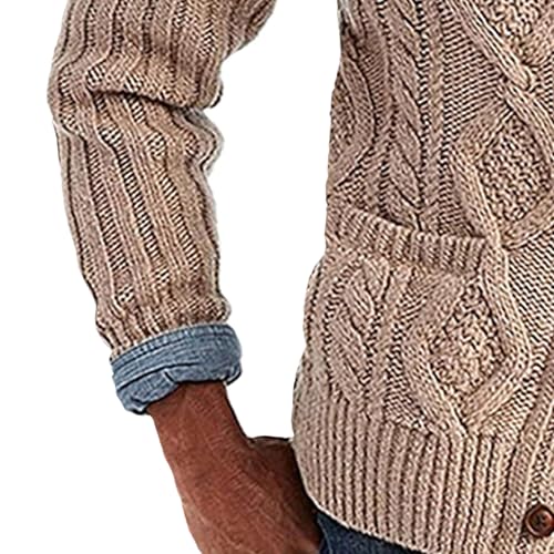 Mens Twists Knitted Sweater Cardigan Cable Knit Shawl Collar Loose Cardigans Stand Collar Cable Knit Button Sweaters (Khaki,Large)4