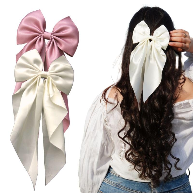 Image of 2 Pack Off White and Pink - Bows for Women, Clips for Womens - Hair Clips for Womens - Luxury Satin Hair Bow Clips for Women and Girls, Cute Hair Accessories for Girls