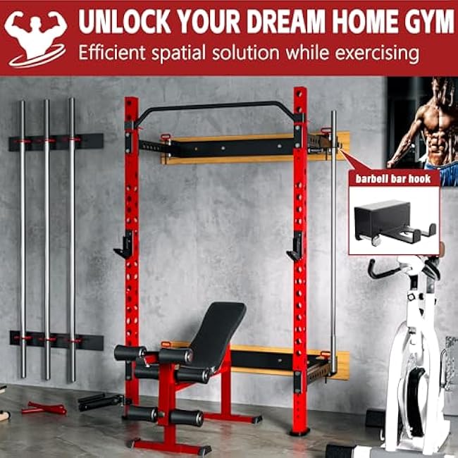 MU 2 x 2 Folding Squat Rack, 1100LBS Wall Mounted Power Rack with Adjustable Pull Up Bar, J Hooks, Landmine, Foldable Squat Rack for Home Gym, Garage, Training Studios (Black and Red)