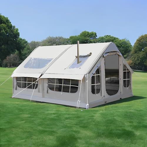 Tenda da campeggio gonfiabile con pompa, per 6-8 persone, impermeabile, per esterni, 4 stagioni, con apertura del camino, facile da installare