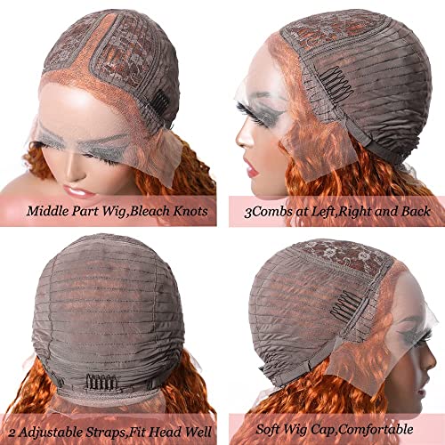 Image of Sunber Ginger Orange Water Wave Lace Front Wigs 13x5x0.5 T Part Human Hair for Women 10A Brazilian Virgin Hair #88J Burnt Orange Colored Wig Pre Plucked with Baby Hair 150% Density 18Inch