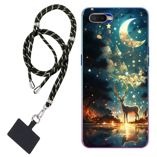 WUACYEAMING Cover per Oppo K1,Cover Case in Silicone Trasparente Ultra Sottile e Leggera TPU Foresta Cervo Luna+1* Cordino Cellulare Universale
