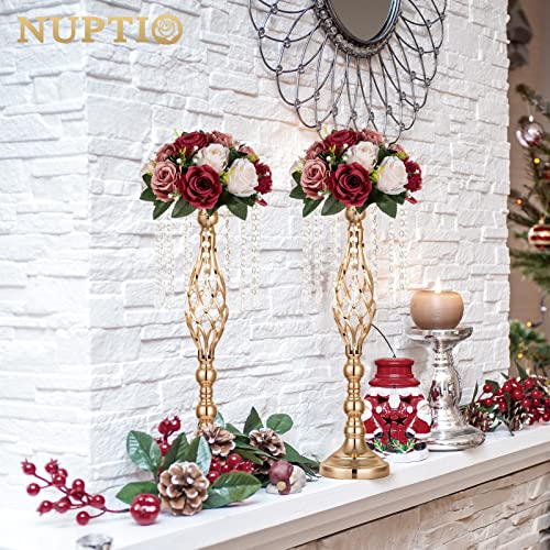 Nuptio Artificial Flower Centrepieces for Tables - 2 Pcs Burgundy & Dusty Rose & Creamy White Fake Flowers Roses Balls 9.5in Diameter - Silk Faux Rose Arrangement for Wedding Party Centerpiece Table Decor by NUPTIO - Image 2