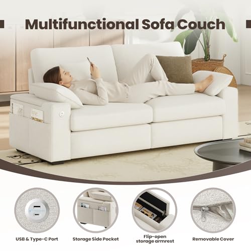 Image of MALOL 76 inch 3 Seater Loveseat, Upholstered Mid-Century Modern Couch with USB Type C Ports, 4 Pillows and Storage Armrest Cloud Foam Sofa for Living Room /Small Spaces, Beige