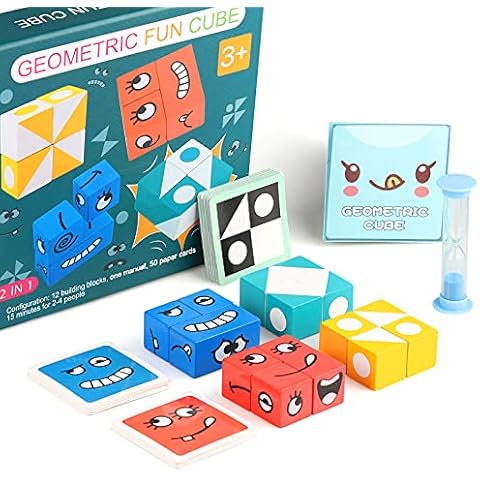 Wooden Jigsaw Puzzles, Gezimetie Wooden Expressions Toy Magic Cube Face Pattern Building Blocks Educational Montessori Toys for Kids Ages 3 4 5 Years Old, 14PCS Wood Jigsaw and 50 Cards with hourglass Cover