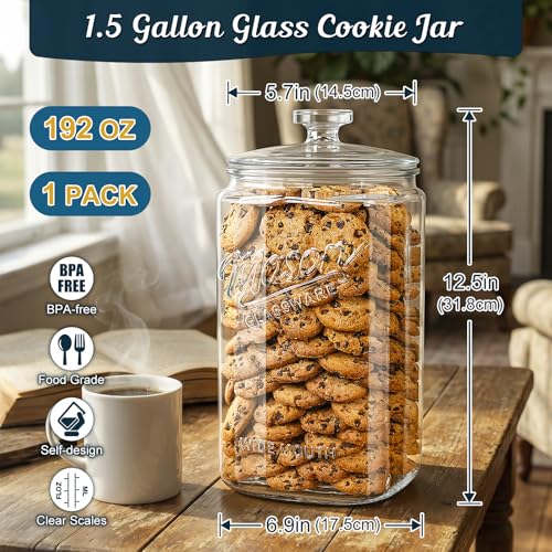 Image of 1.5 Gallon Glass Cookie Jar, 1 Pack Large Food Storage Container | Tall Glass Jar with Airtight Lid and Silicone Gasket, Wide Mouth Sourdough Starter Jar for Pantry Storage, Dog Treats, Candy