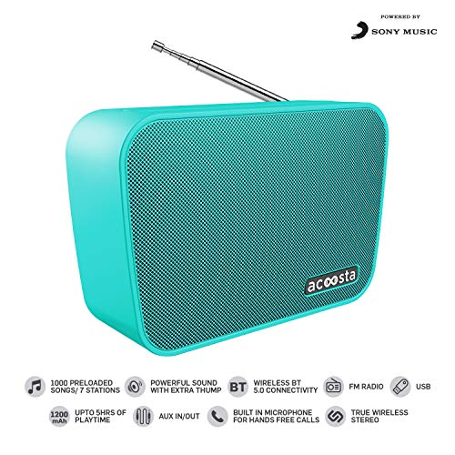 Image of Acoosta SUNO Hits - Powered by Sony Music, 1000 Preloaded Songs - 7 Stations & 250 Artists, Portable Wireless Bluetooth Speaker with Mic, FM Radio, USB, Aux in, Aux Out, True Wireless Stereo - (Teal)