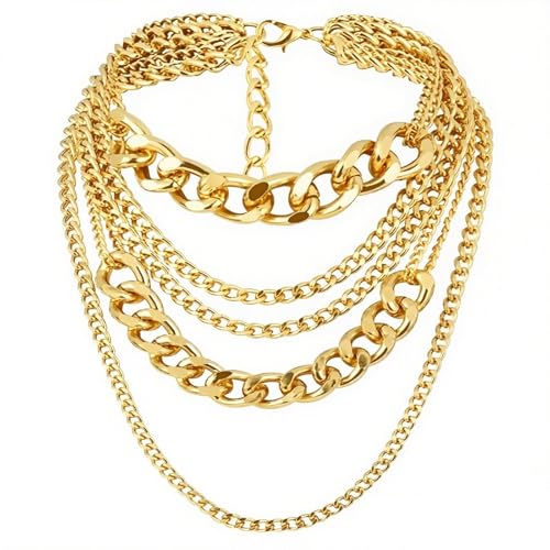 Chunky Gold Necklaces, Punk Gold Layered Necklaces for women, Hip Hop Outfit Accessories Statement Necklace for 80s 90s Party