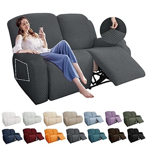 Image of YEMYHOM 6 Pieces Stretch Loveseat Recliner Slipcover Jacquard Recliner Sofa Cover with Side Pocket Fitted Recliner Cover Couch Furniture Protector with Elastic Bottom (Loveseat Recliner, Dark Gray)
