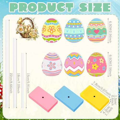Image of Briwooody 6 Pcs Easter Table Decorations Eggs Wooden Sign Set Spring Tall Standing Sign Colorful Table Centerpiece Bunny Floral Pattern Tabletop Decor for Spring Party Easter Decorations Home