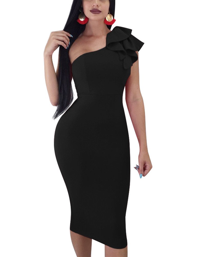 MokoruWomen's Sexy Ruffle One Shoulder Bodycon Elegant Cocktail Party Midi Dresses