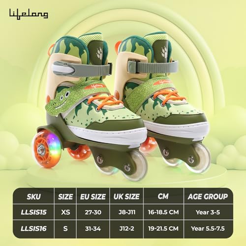 Image of Lifelong Inline Skates for Kids | Adjustable |4 Wheels Light-Up Skate for Boys & Girls | Roller Blades for Beginners | ABEC-7 Bearings | Safety Gear Set | Green, XS (27-30 cm)