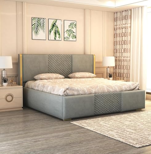 Image of Modern King Size Upholstered Bed with Padded Headboard | Platform Bed for Master Bedroom, Comfortable Back Support & Elegant Bedroom Furniture | Strong & Durable Solid Wood Frame | Grey
