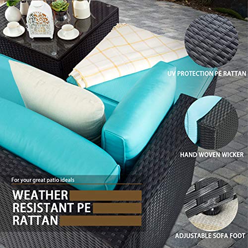 VITESSE 5 Pieces Patio Furniture Sectional Sets, Outdoor All-Weather PE Rattan Wicker Lawn Conversation Sets, Garden Sofa Set with Coffee Table and Washable Couch Cushions (Tiffany Blue) - Thumbnail 2