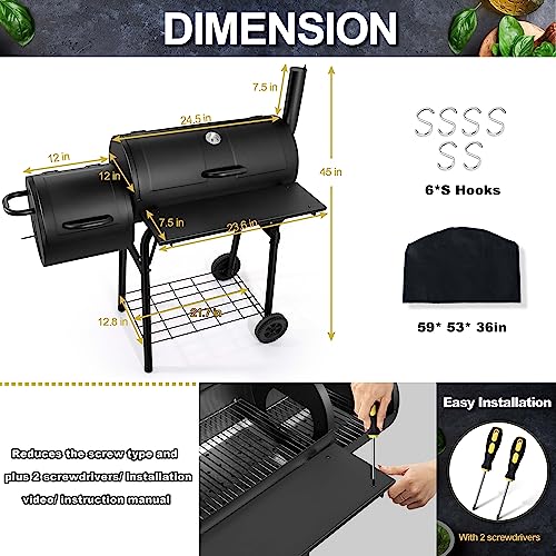 Joyfair Charcoal Grill With Offset Smoker, Large Steel Bbq Grill With Protective Cover For Outdoor Camping Grilling/Backyard Barbecue Smoking, Heavy Duty & Dual Chamber Design, Thermometer & Chimney #TOP1