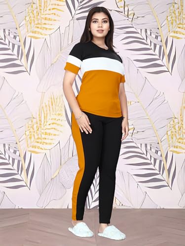 Image of Cotton Blend Tracksuits for Women Half Sleeves Round Neck Woman Workout T-shirt & Pant for Sports Comfortable and Breathable Gym Wear for Womens Tracksuit Set with Top & Bottom Pants