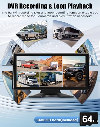 Image of 5 Channel Backup Camera System for Truck & RV - 10.36 inch IPS Touch Screen Monitor with 5 1080P HD Camera, Smart BSD Alert, DVR Recording, IP69 Waterproof Dash Cam for Semi Truck, Trailer, Van, 64GB Card