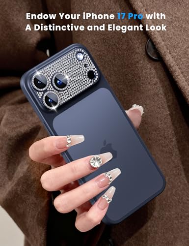 Image of Hoerrye Bling Diamond Camera Lens Protector for iPhone 17 Pro - [1:1 Full Coverage][Strong Adsorption] 9H+ Tempered Glass Screen Protective Cover Case Friendly,Glitter Blue