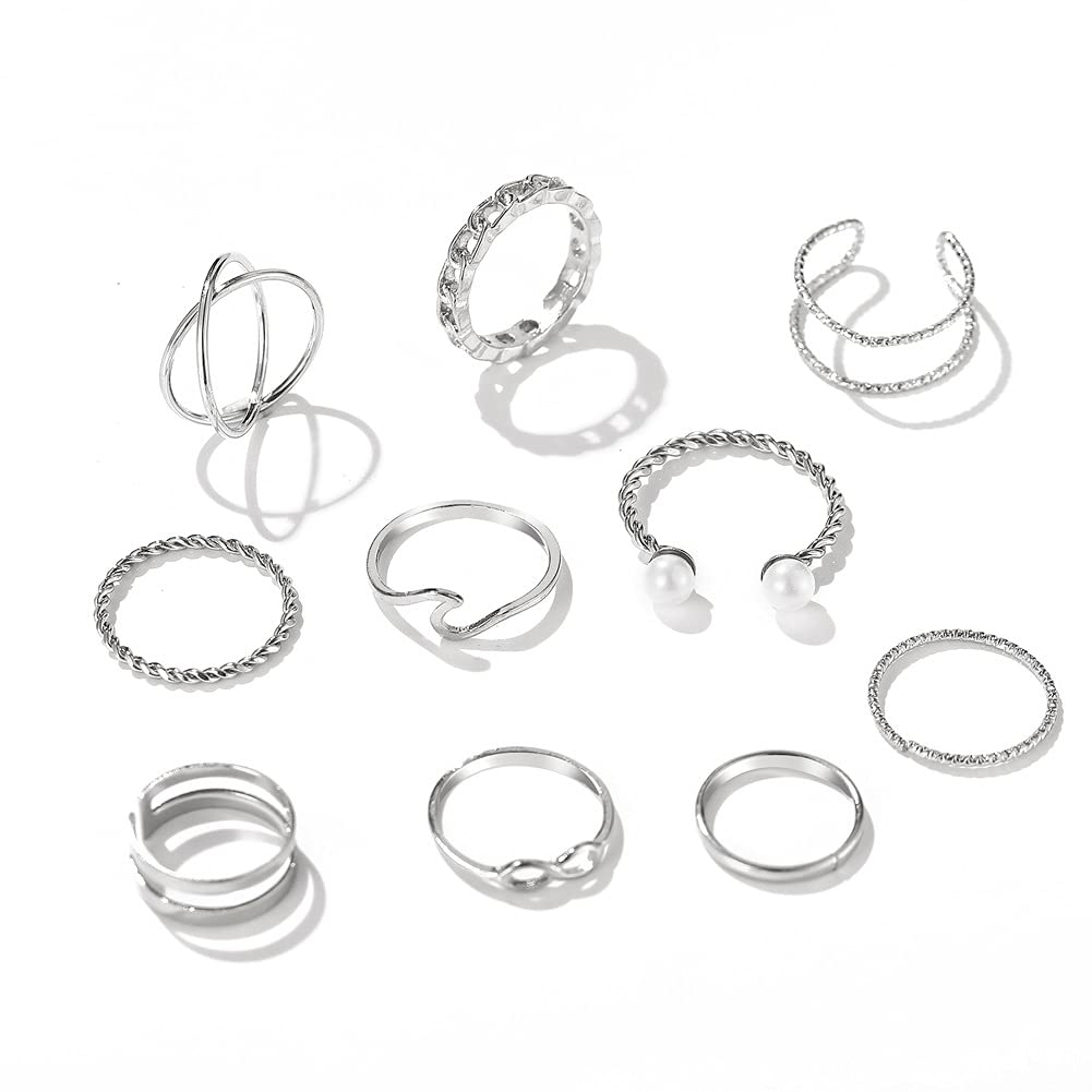 U-M Vintage Knuckle Stackable Rings Set for Women, Silver Plated Comfort Fit Wave Joint Finger Rings Gift Attractive