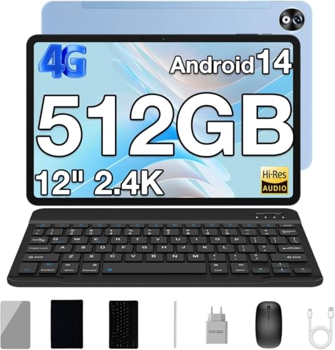 DOOGEE T40 Pro Tablet 12 Pulgadas, 10800mAh Android 14 Tablet, 20GB RAM + 512GB ROM(2TB TF), 2.4K Pantalla Full HD, Cámara 16MP+8MP, Dual SIM 4G | Face ID | OTG | WiFi Teclado, Ratón, Funda, Lapiz