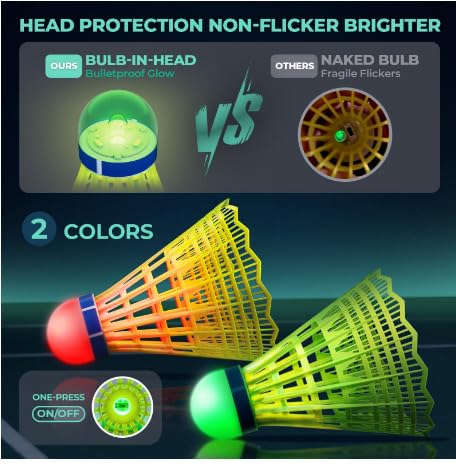 Image of Premium LED Badminton Shuttlecock 12 Pcs Pack, Glow in The Dark Light Up Birdie for Night Play, Durable Nylon Plastic Shuttle for Indoor Outdoor Games, Red Green LED for Kids & Adults