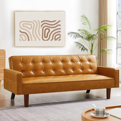 Image of Faux Leather Couch, Mid Century Modern Sofa with Memory Foam, Comfy 3 Seater Couch for Small Spaces, Living Room, Office, Brown