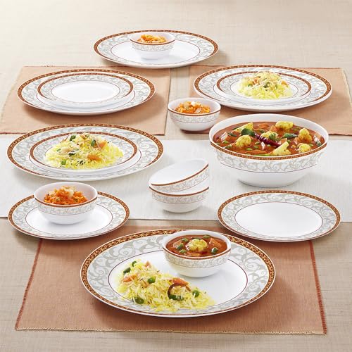 Image of Larah by Borosil Ragina Kohinoor Series Opalware Dinner Set | 19 Pcs for Family of 6 | Microwave & Dishwasher Safe | Bone-Ash Free | Crockery Set for Dining & Gifting | Plates & Bowls | White
