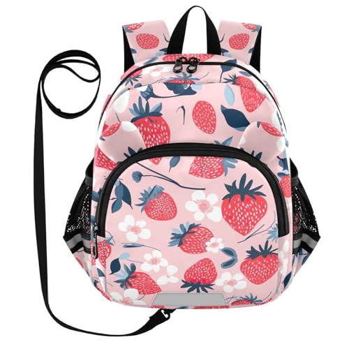 White Flowers Strawberries Toddler Harness Backpack for Boys Girls 3-6 Years Kids Backpack with Anti Lost Safety Leash Baby Travel Bag for Walking Travel Preschool