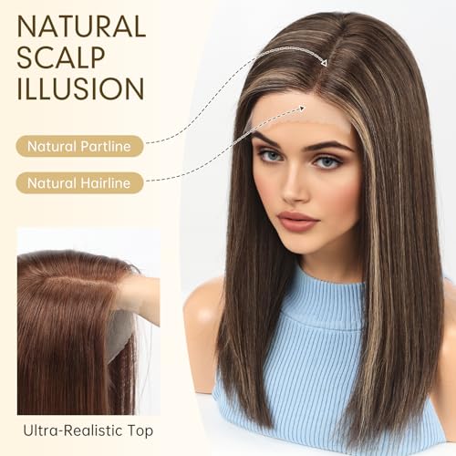 Image of KKU 100% Human Hair Wig, Lace Front Wigs Human Hair Side Part,Dark Brown with Blonde Wig Human Hair, Real Human Hair Wigs for Women(16Inch)