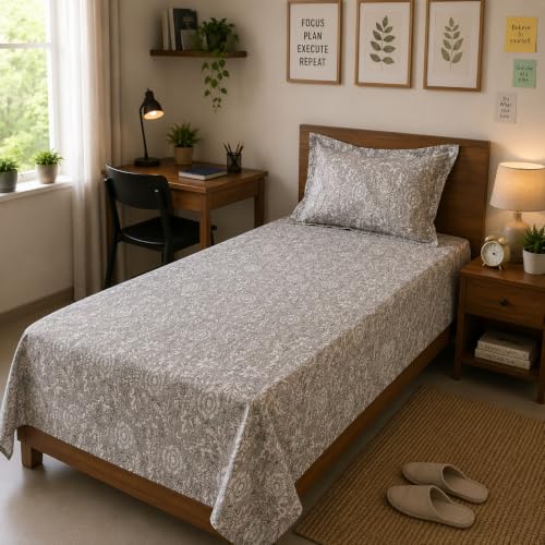 Image of Linen Home Cotton Percale Flat Bedsheet Set Single Size Damask Brown