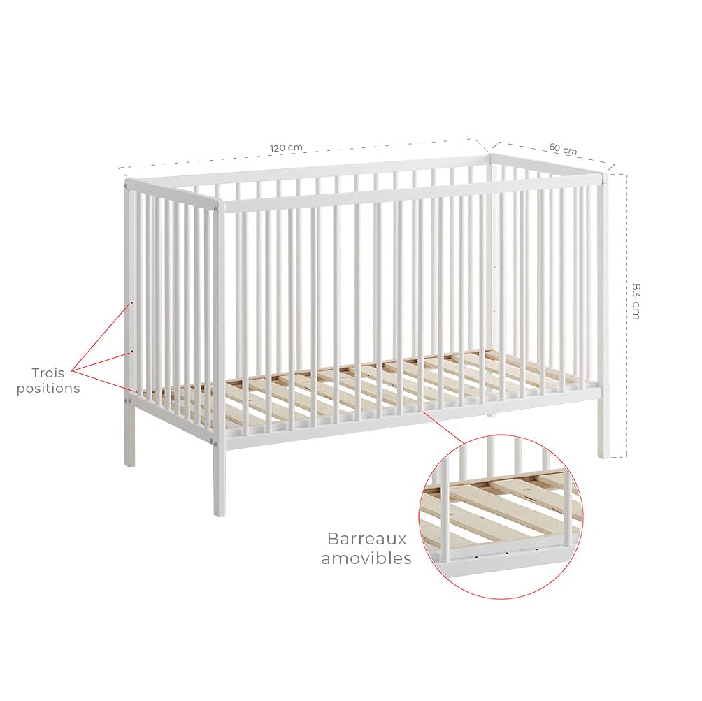 NafNaf Cuna de Madera 60x120, Somier Ajustable en 3 Alturas, Estilo Clásico de Barrotes, Color Blanco Perla
