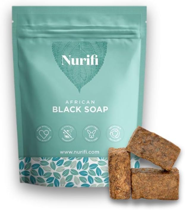 Organic African Black Soap - 450g (3 bars) - by Nurifi - made from Organic Coconut Oil, Organic Shea Butter & Cocoa Pod Ash - Sourced and Traditionally Handcrafted in Ghana