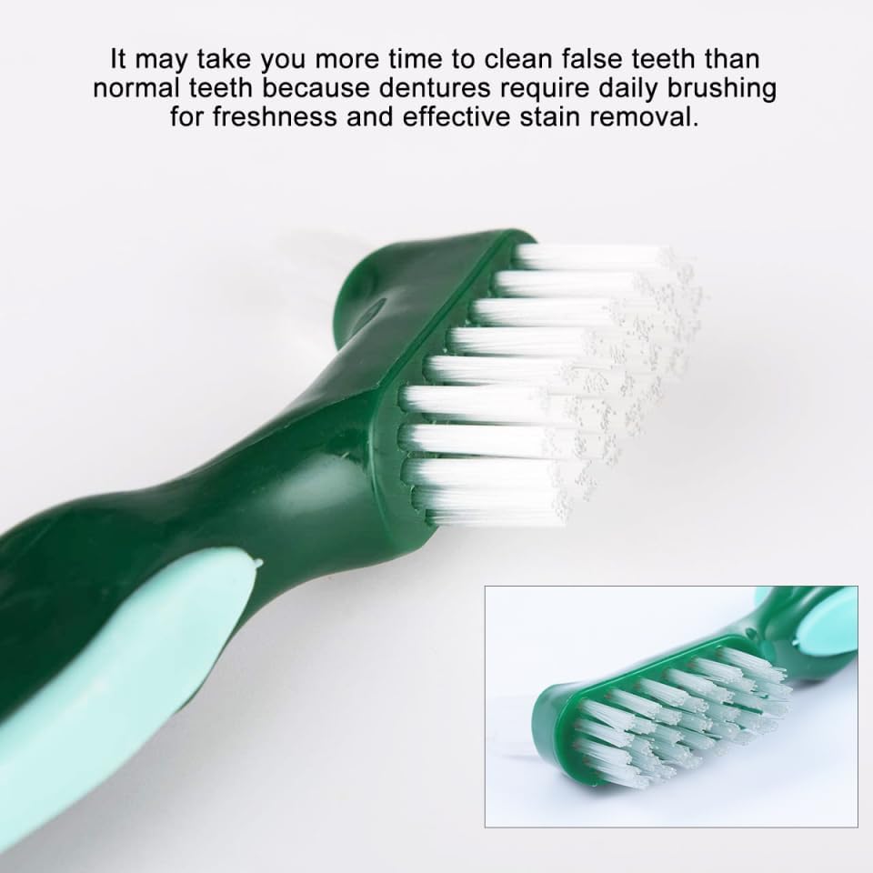 Double-Headed Denture Cleaning Brush Set of 3 with Ergonomic Long Handle Portable False Teeth Toothbrush for Effective Denture Care and Travel Use 6.29 Inch