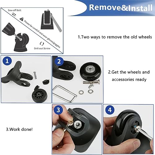Replacement Wheels for Trolley Suitcases - 60mm 4-Piece Set with Axles, Swivel Rubber Inline & Roller Bearings4