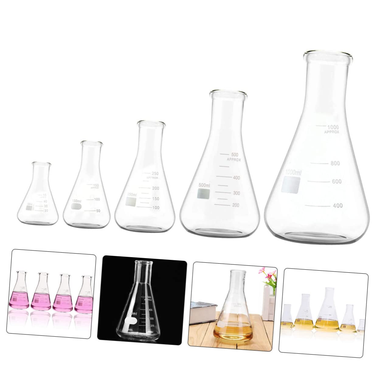 PartyKindom 5piezas Erlenmeyer De Vidrio Borosilicato Con Cuello Frascos Conical Triangular Para Laboratorio