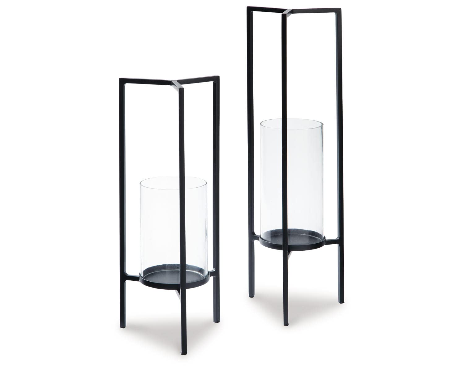 Signature Design by Ashley Ginette Contemporary Metal 2 Piece Candle Holder Set with Hurricane Glass, Black