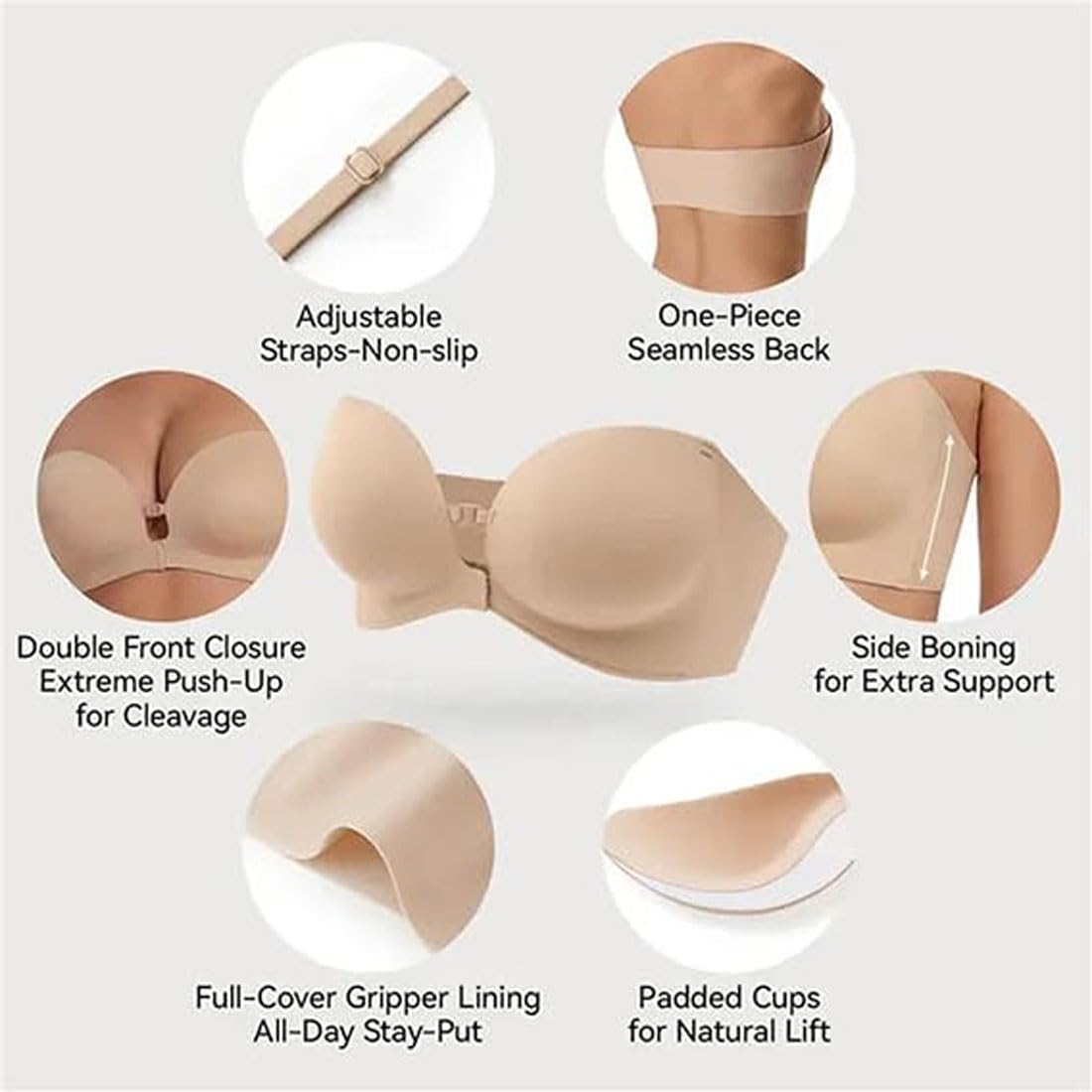 Reggiseno con Chiusura Frontale, Reggiseno Senza Spalline in Gel | Reggiseno push-up senza ferretto in gel, imbottito, fascia con doppia chiusura frontale antiscivolo, supporto quotidiano