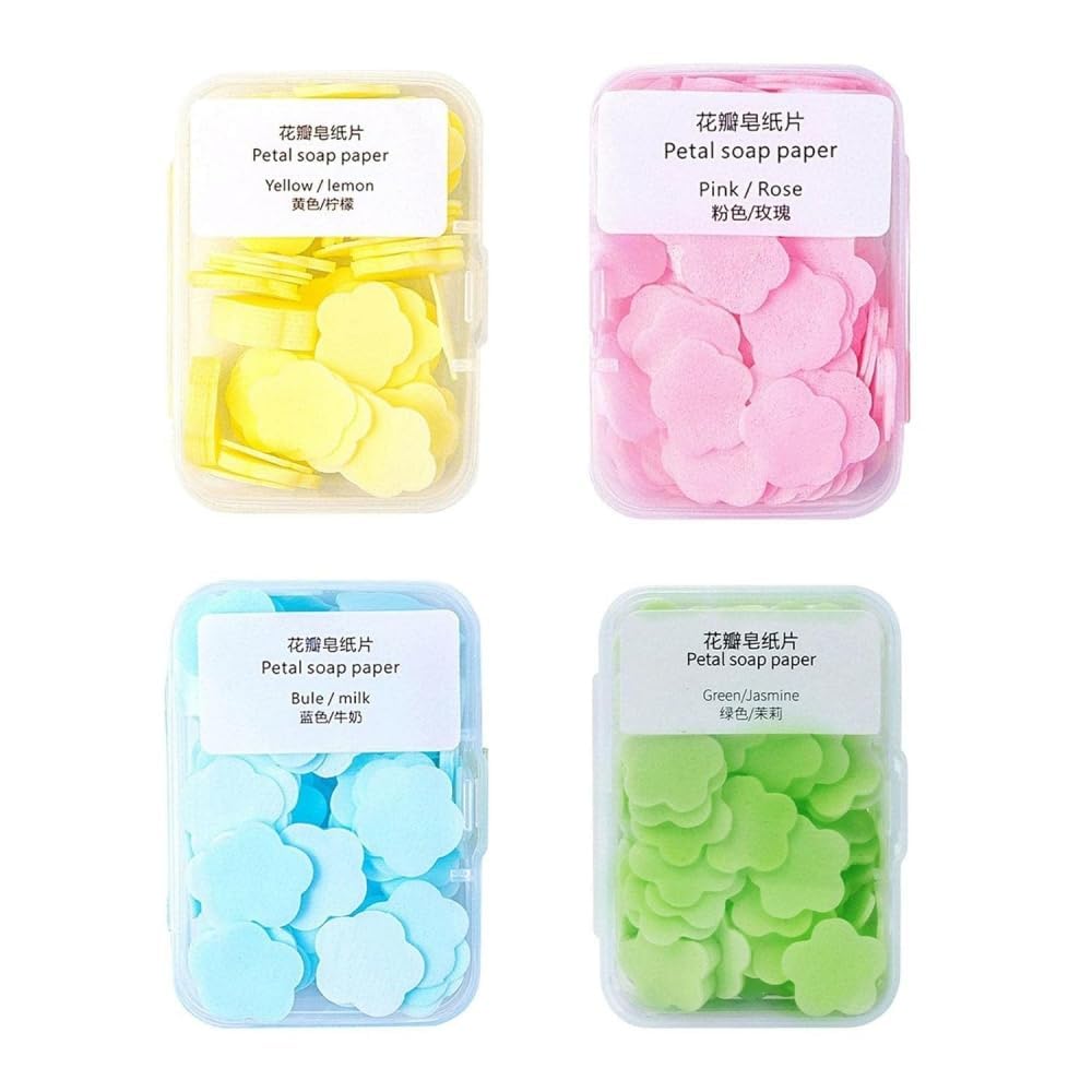 Jizlan 4 Boxes Paper Soap, 4 Different Scented Mini Fresh Portable Disposable Petal Hand Wash Sheets, Dissolvable Hand Bath Soap, Suitable for Outdoor, Travel, Camping (Approx 400 Sheets)