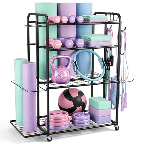 Soporte para pesas de 4 niveles, soporte de pesas multifuncional, ajustable con ruedas, base alargada y gancho, cada nivel de estante soporta 45 kg, almacenamiento para mancuernas, pesas rusas