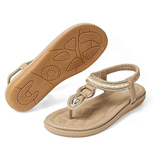 Shibever Summer Sandals For Women Ankle T-Strap Thong Elastic Casual Bohemian Beach Flats Shoes Flip Flops Sandals Apricot 9 #TOP2