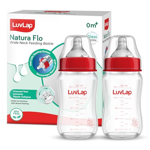 Image of LuvLap Natura Flo Wide Neck Glass Feeding Bottle, New Born /Infants /Toddler Upto 3 Years, BPA Free, Ergonomic Shape is Easy to Hold, with Anti Colic Nipple, Pack of 12, 150ml