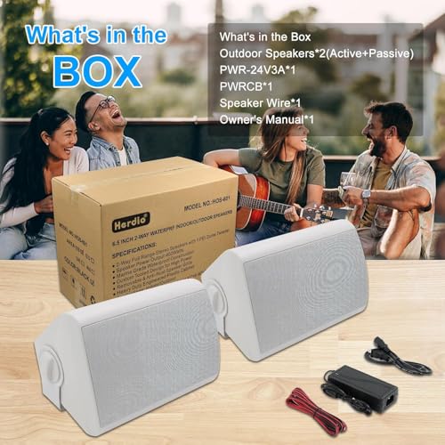Image of Herdio 6.5 Inches Outdoor Bluetooth Speakers Waterproof with Powerful Bass,Wall Mount Speakers Wired Weather Resistant for Patio Home Deck Porch Backyard 400 Watts(White)