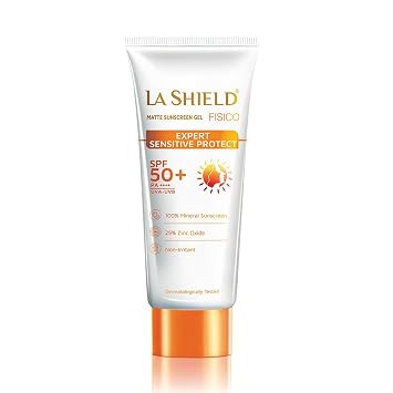La-Shield Fisico Matte Sunscreen Gel, SPF 50+ PA++++, 100% Mineral, 25% Zinc Oxide, Sensitive Skin, Non-Irritant